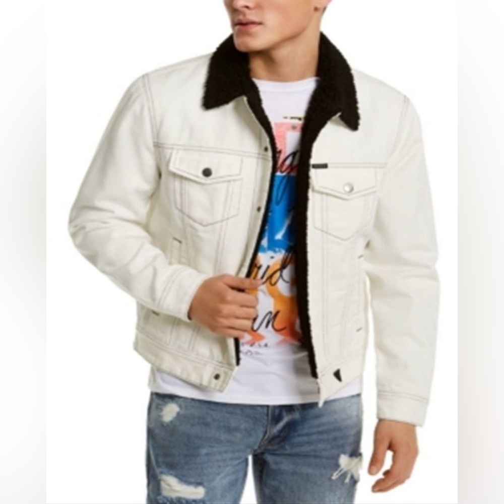 Guess Men's Denim Fleece Lined Jacket White Size Small